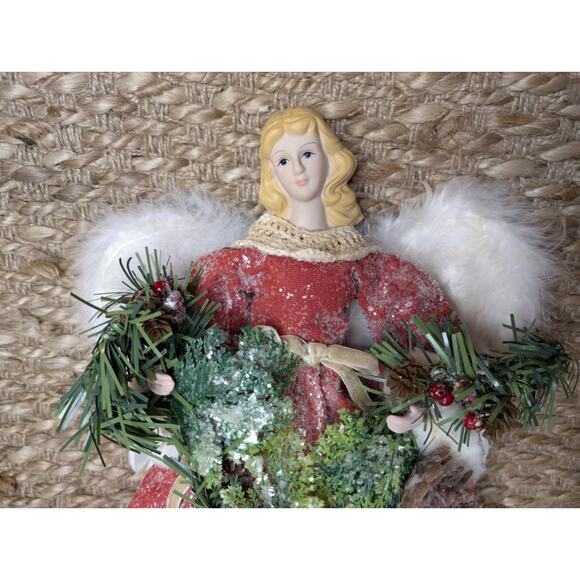 Victorian Christmas Feather Angel Tree Topper Red Green Frosted White Gown 16.5” - Picture 2 of 12
